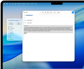 Pantalla de una MacBook Air que muestra Herramientas de Escritura de Apple Intelligence redactando un email