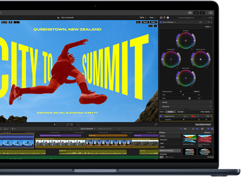 Pantalla de una MacBook Air, vista parcial, que muestra una edición de video para demostrar las capacidades del chip M5