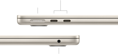 Lado izquierdo de una MacBook Air cerrada, con el puerto MagSafe y dos puertos Thunderbolt, y lado derecho con la entrada para audífonos