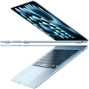 Dos MacBook Air azul cielo abiertas en forma de flecha para destacar el perfil delgado
