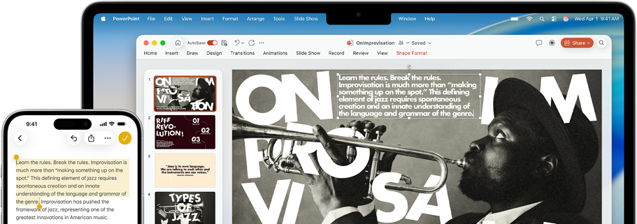 Un iPhone 16 Plus con texto resaltado en la app Notas, una MacBook Air con una diapositiva de Keynote abierta, el texto de la app Notas visible en la diapositiva