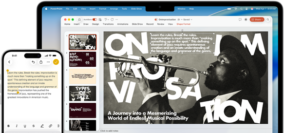 Un iPhone 16 Plus con texto resaltado en la app Notas, una MacBook Air con una diapositiva de Keynote abierta, el texto de la app Notas visible en la diapositiva